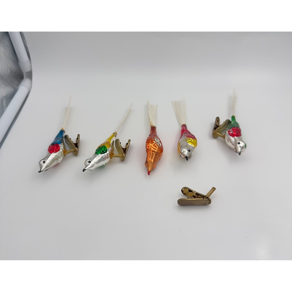 Vintage Mercury Glass Bird Christmas Ornaments Tails Set of 5 - 2 missing clips